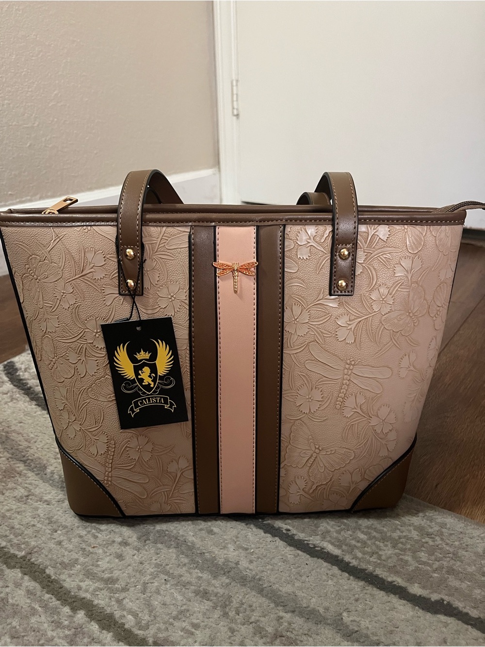 Beige and brown dragonfly faux leather shoulder bag